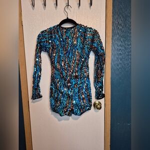 ☀️🌧WEISSMAN Dance Costume aqua blue gold allover sequin Biketard child LC